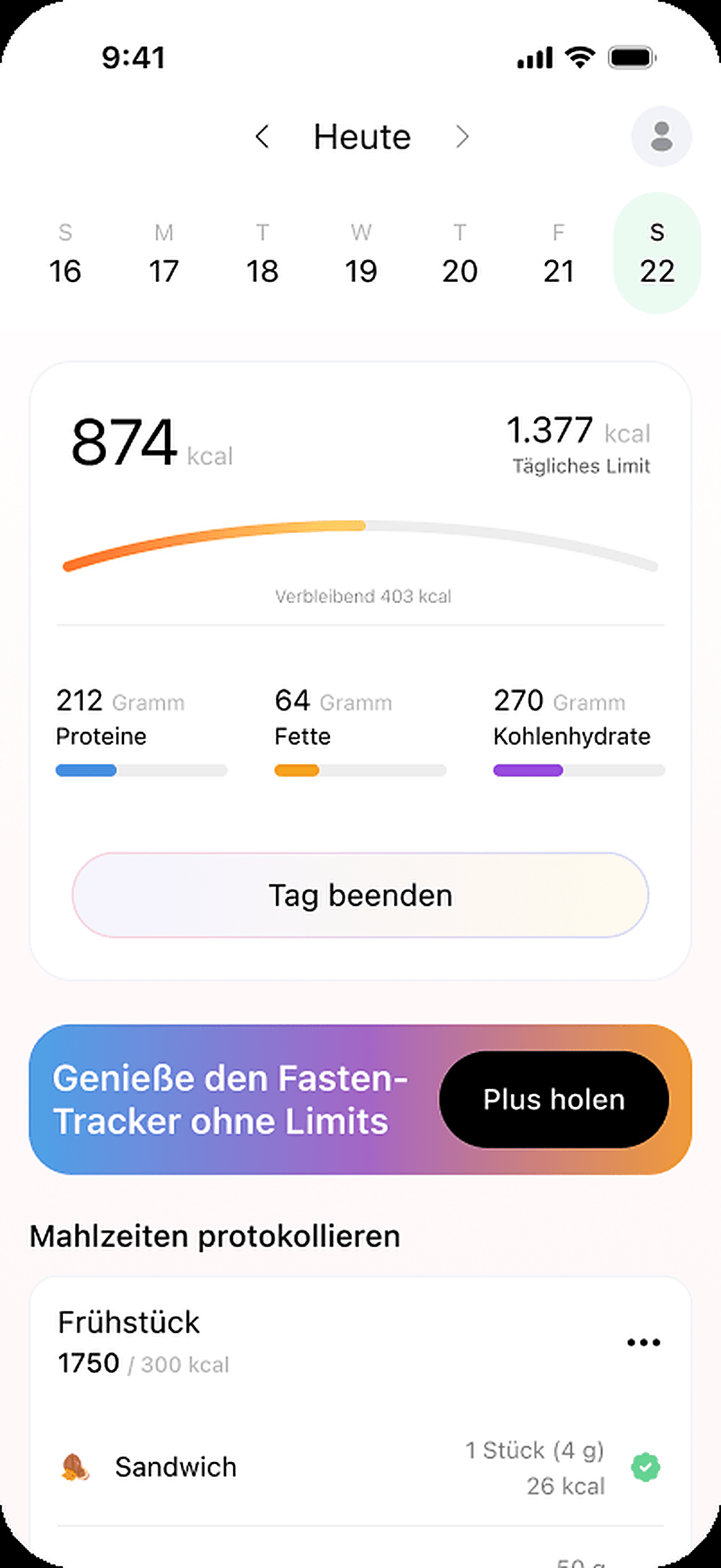 Der Bildschirm mit dem täglichen Kalorienbudget in Diat