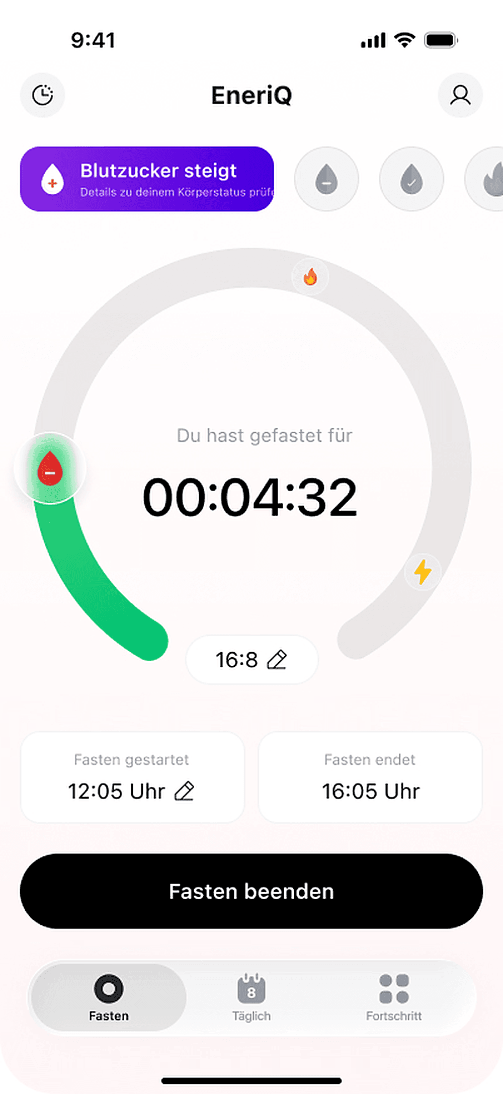 Der Fasten-Timer von Diat zeigt die aktuelle Phase