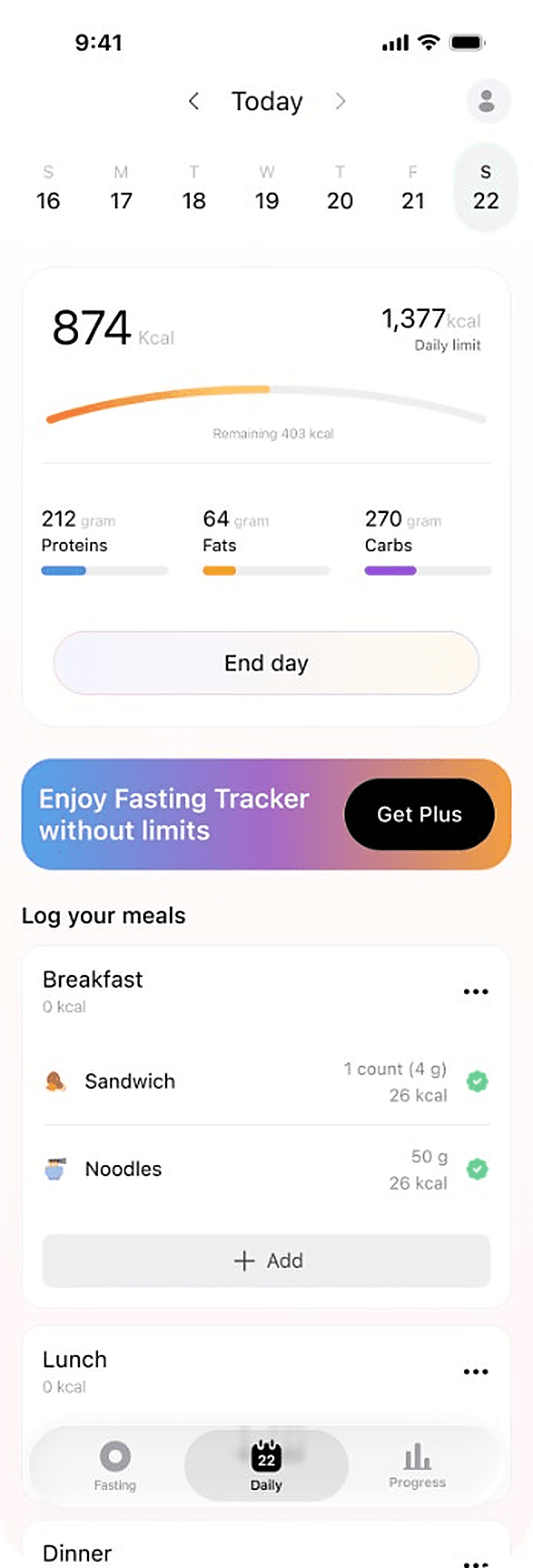 Diat's daily calorie budget screen