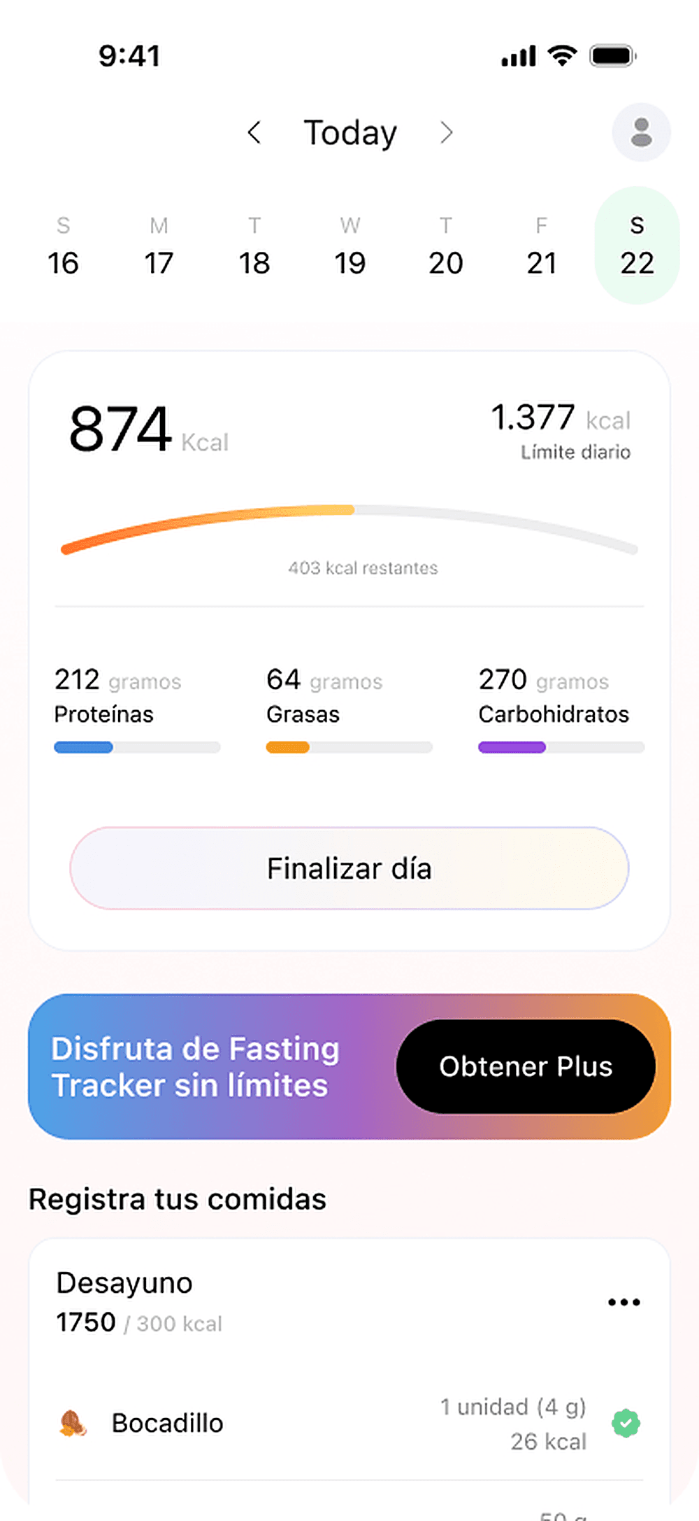 Pantalla del presupuesto diario de calorías de Diat