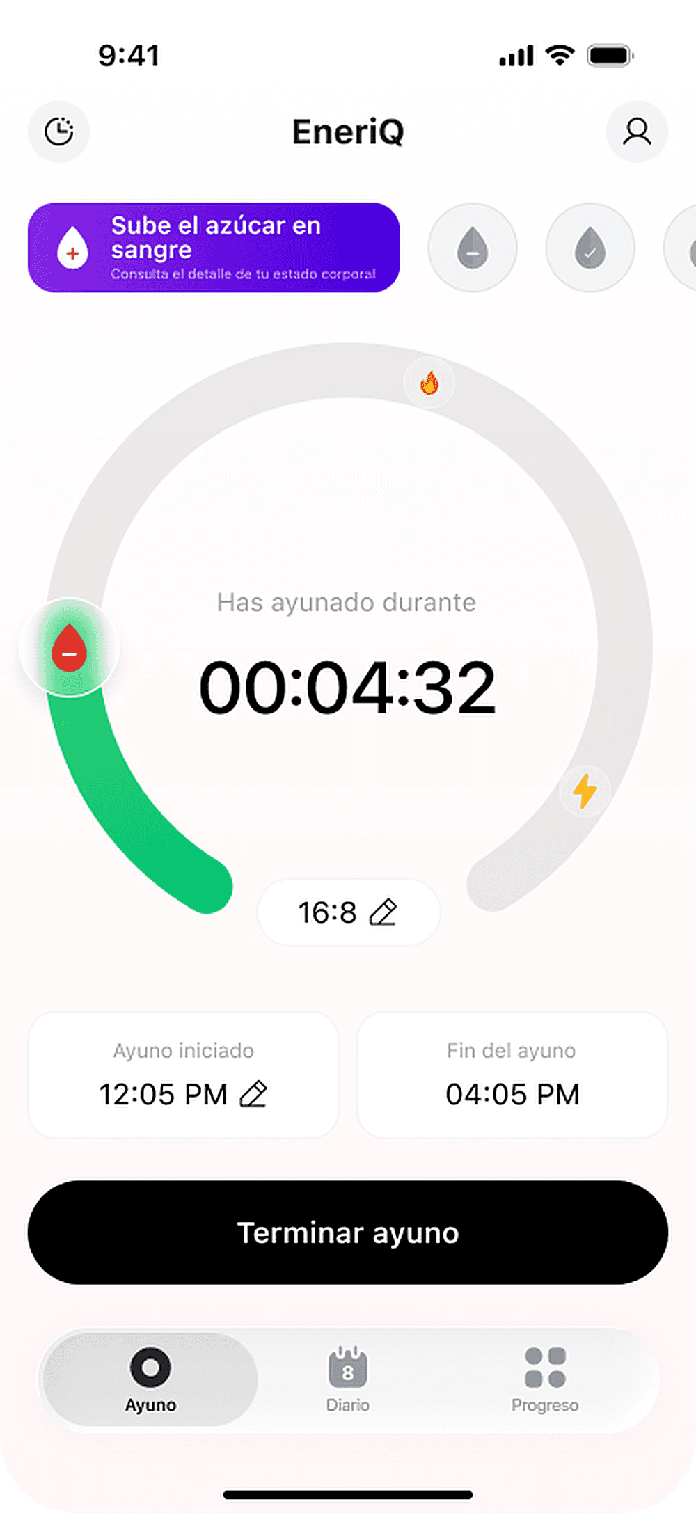 El temporizador de ayuno de Diat mostrando la fase actual
