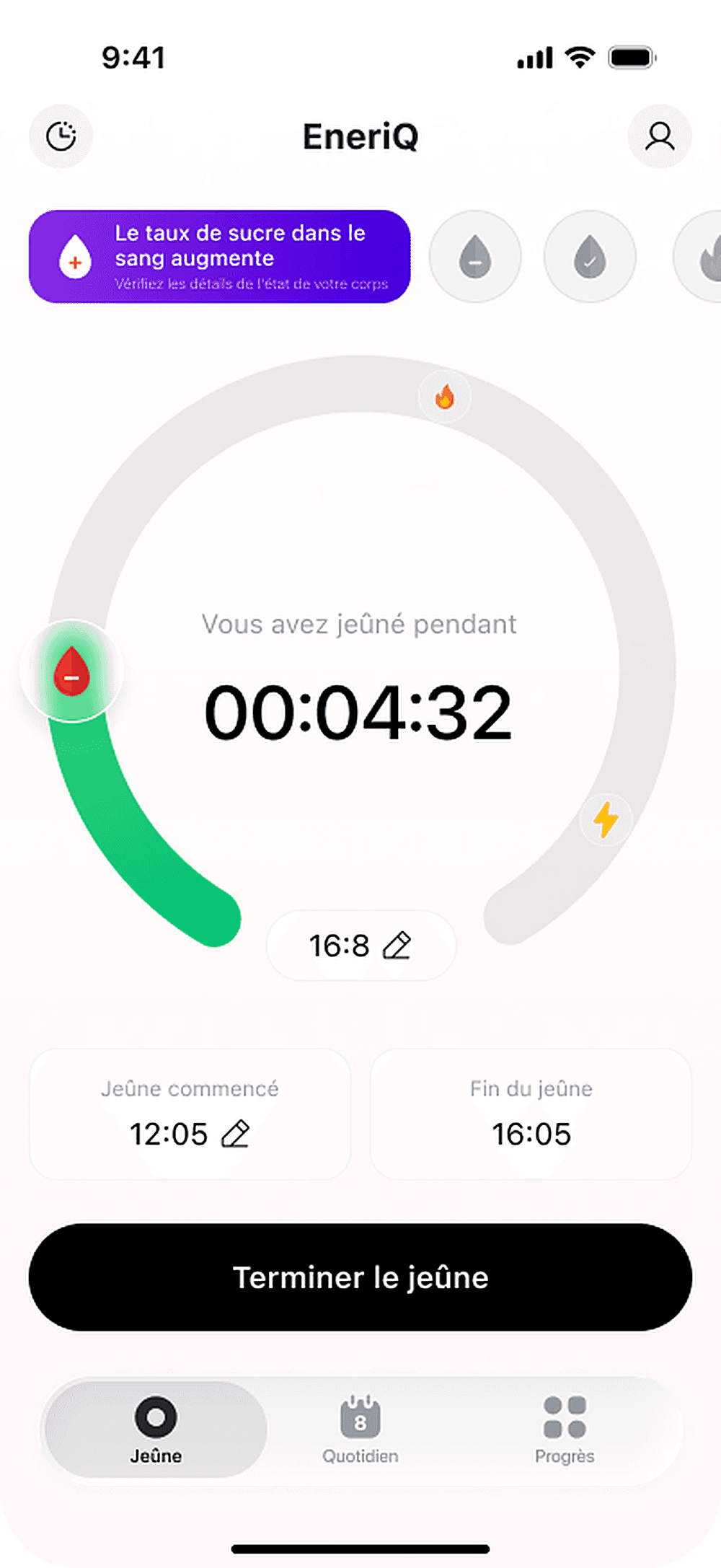 Le minuteur de jeûne de Diat affichant la phase en cours