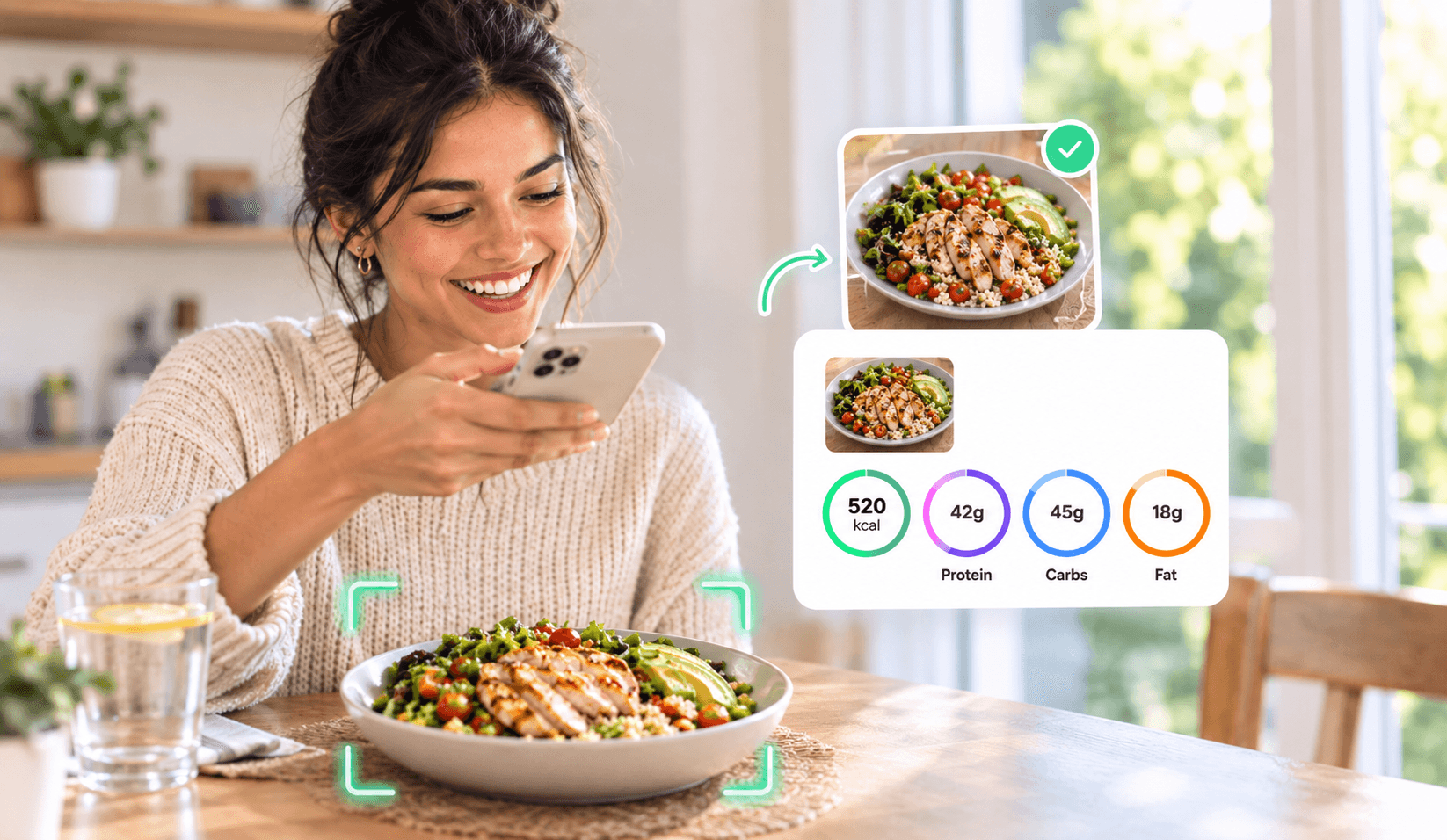 A woman photographs a bowl of chicken salad with her phone; Diat's result shows 520 kcal, 42 g protein, 45 g carbs and 18 g fat.