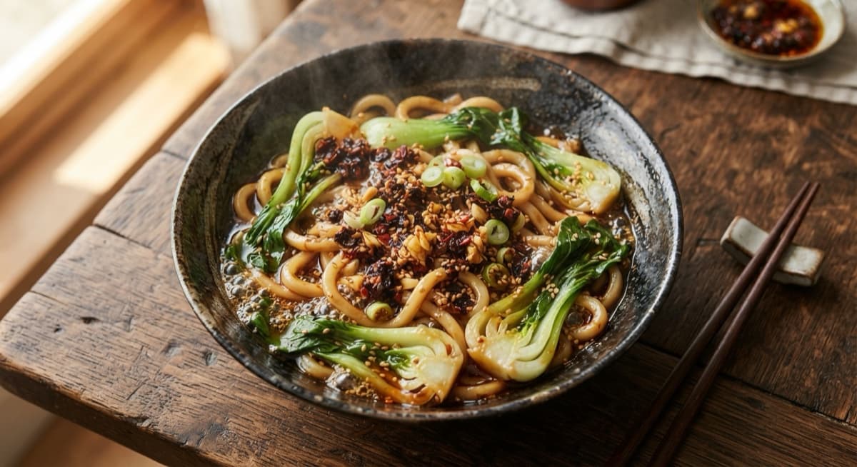 Sizzling Chilli Oil Udon with Pak Choi