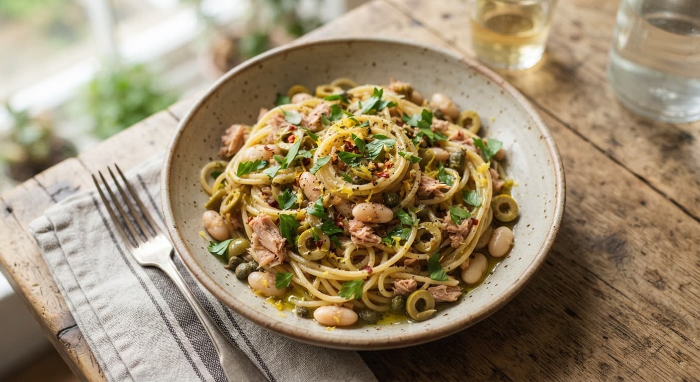 Tuna, Cannellini and Green Olive Spaghetti