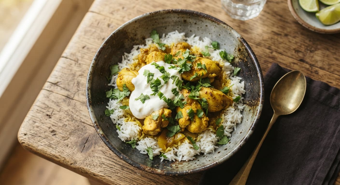 Turmeric Braised Chicken with Rice and Yoghurt