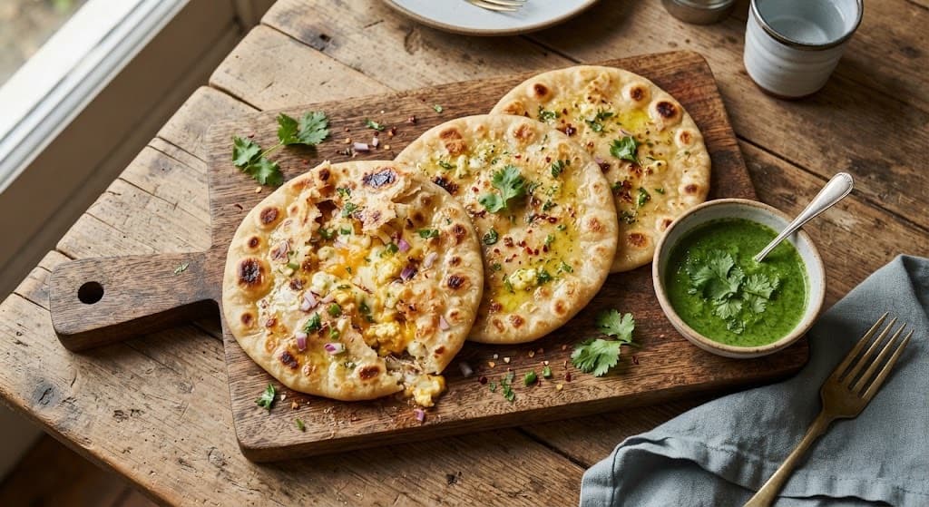 Three Cheese Paratha with Coriander and Mint Chutney