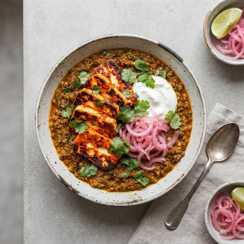 Grilled Tikka Halloumi on Curried Puy Lentils
