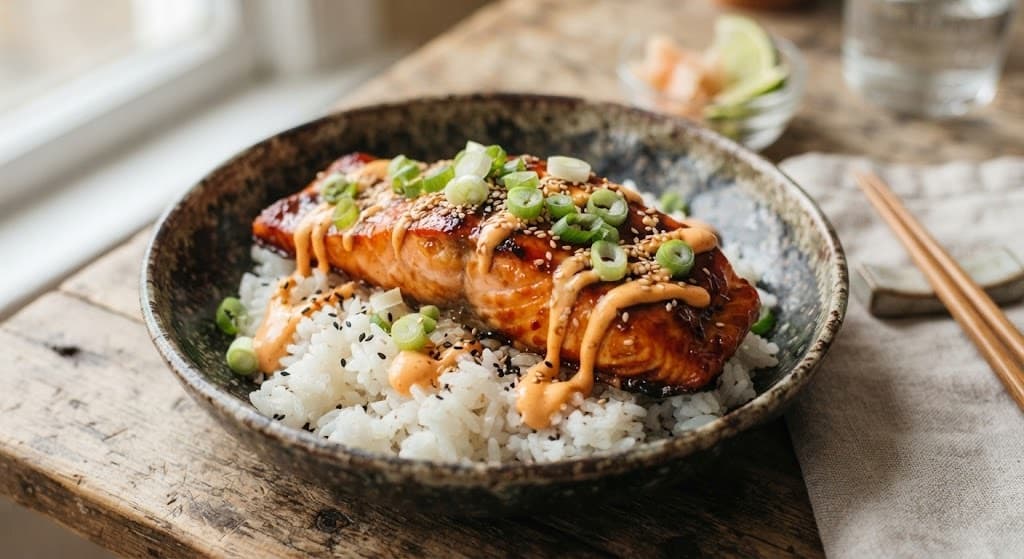 Teriyaki Salmon with Sriracha Mayo and Jasmine Rice