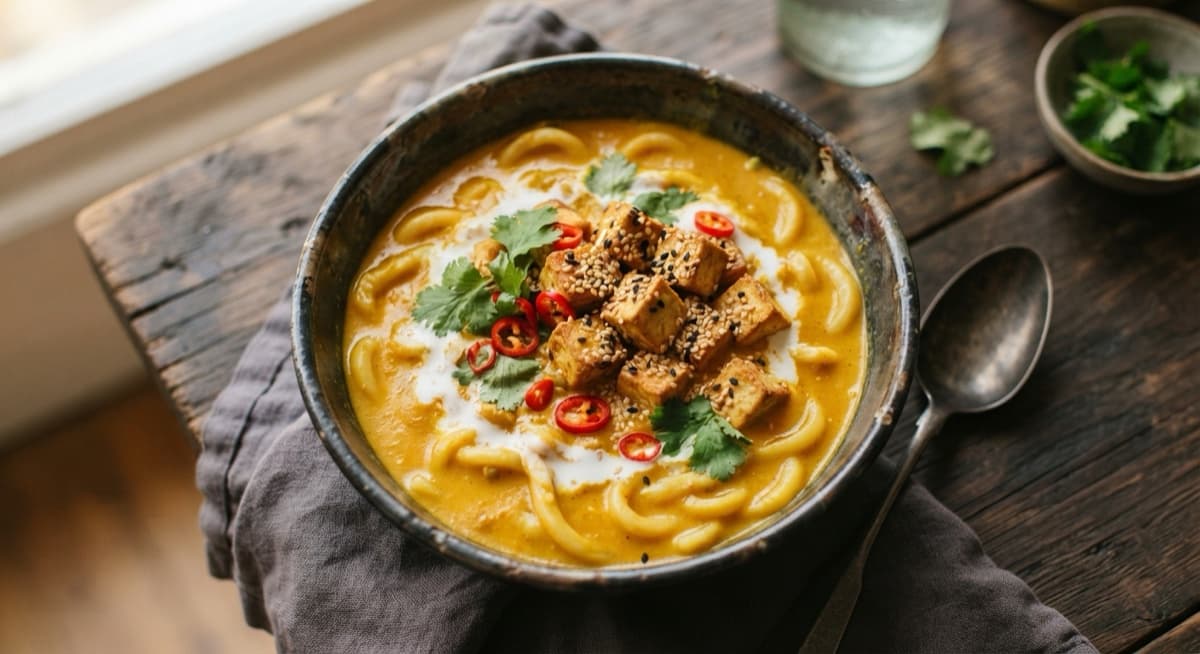 Coconut Butternut Curry Udon with Crispy Tofu