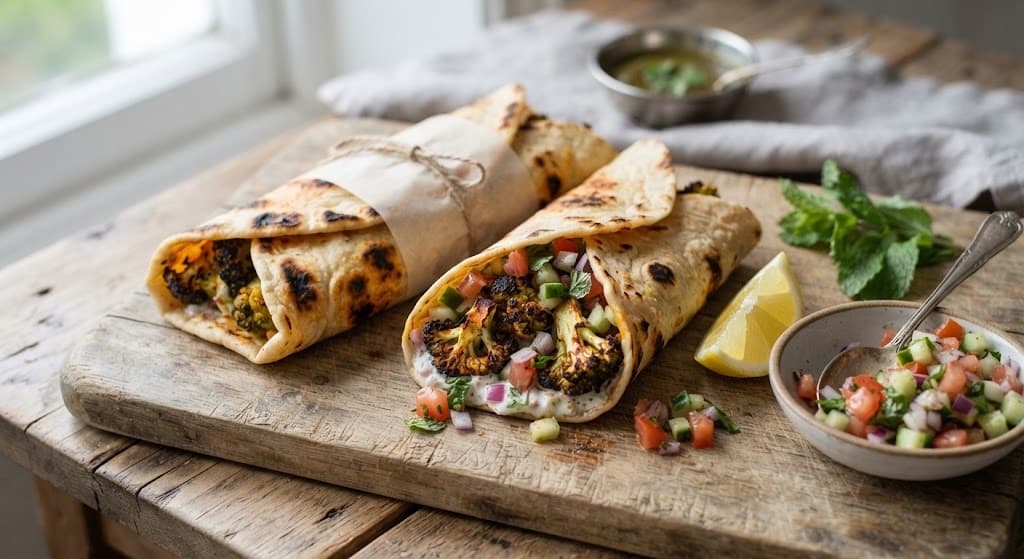 Tandoori Broccoli Wraps with Kachumber Salad