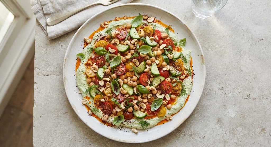Tomato & Chickpea Salad with Green Kefir Dressing