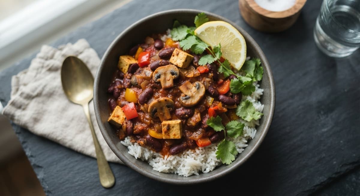 Bean and Mushroom Chilli with Dark Chocolate
