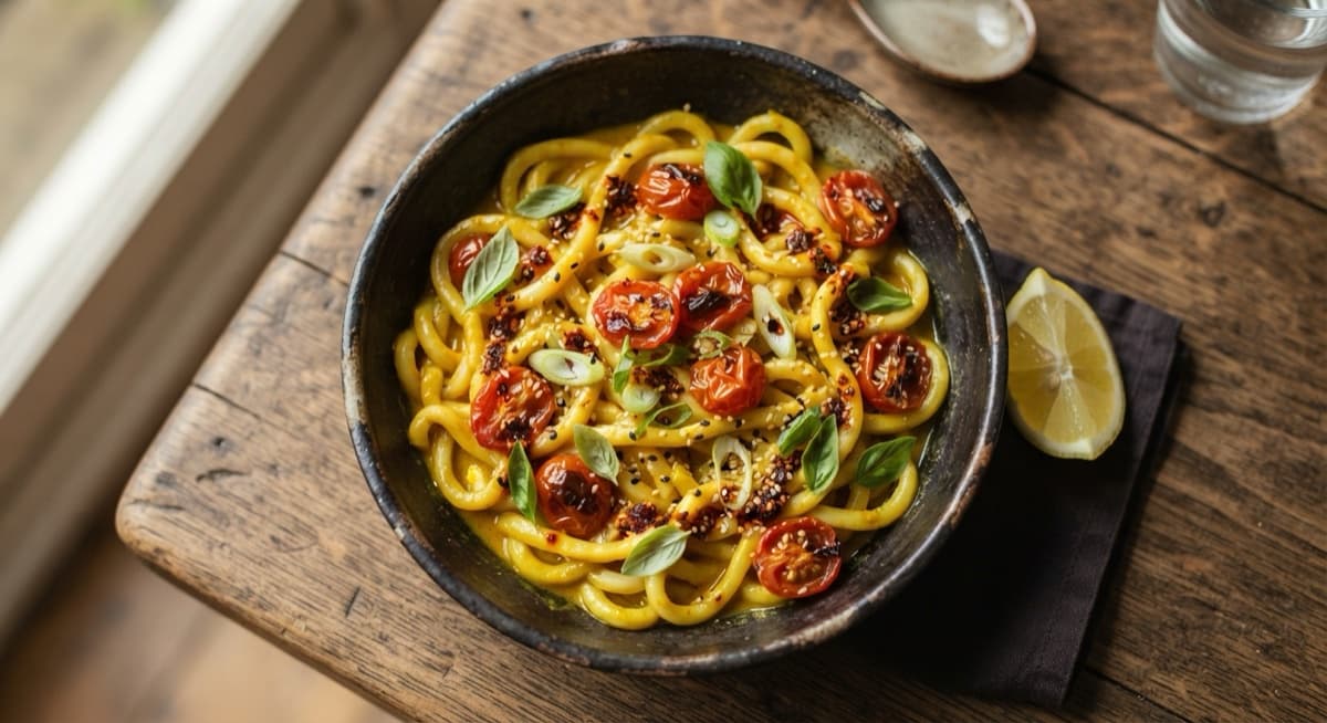 Turmeric Miso Udon with Blistered Tomatoes