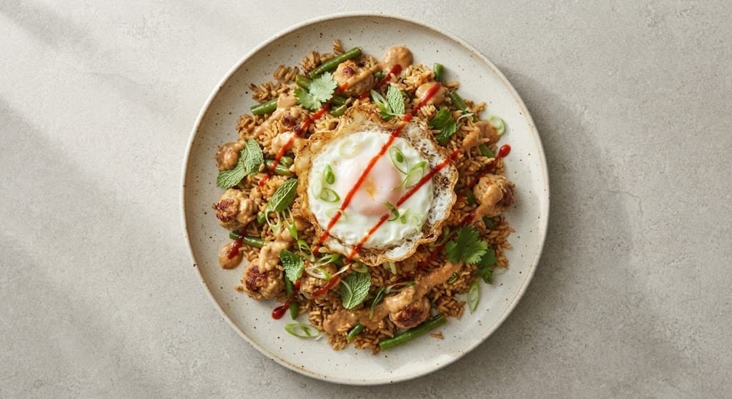 Chicken Meatball Fried Rice with a Crisp Fried Egg