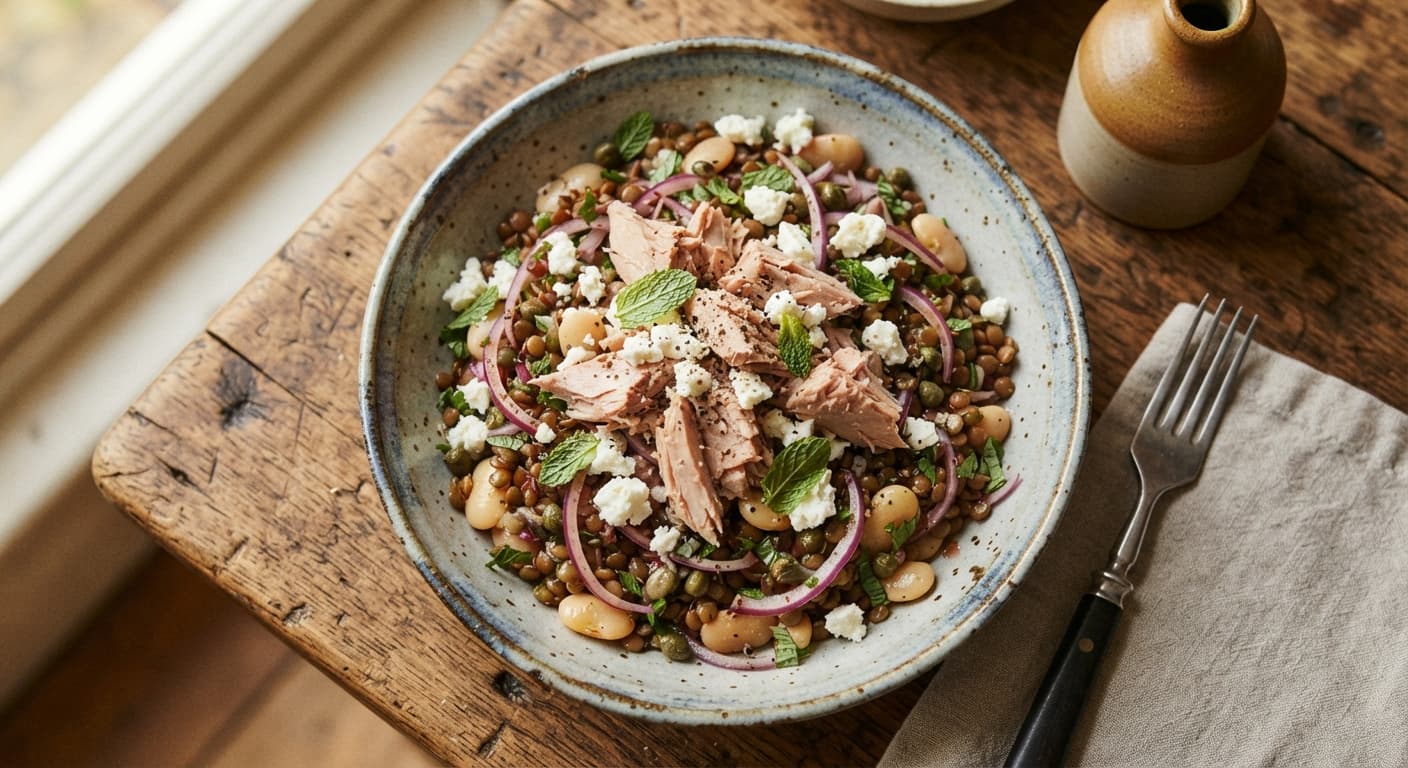 Tuna, Lentil and Butter Bean Salad with Feta