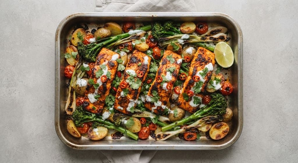 Tikka-Spiced Salmon Traybake with Broccoli and Potatoes