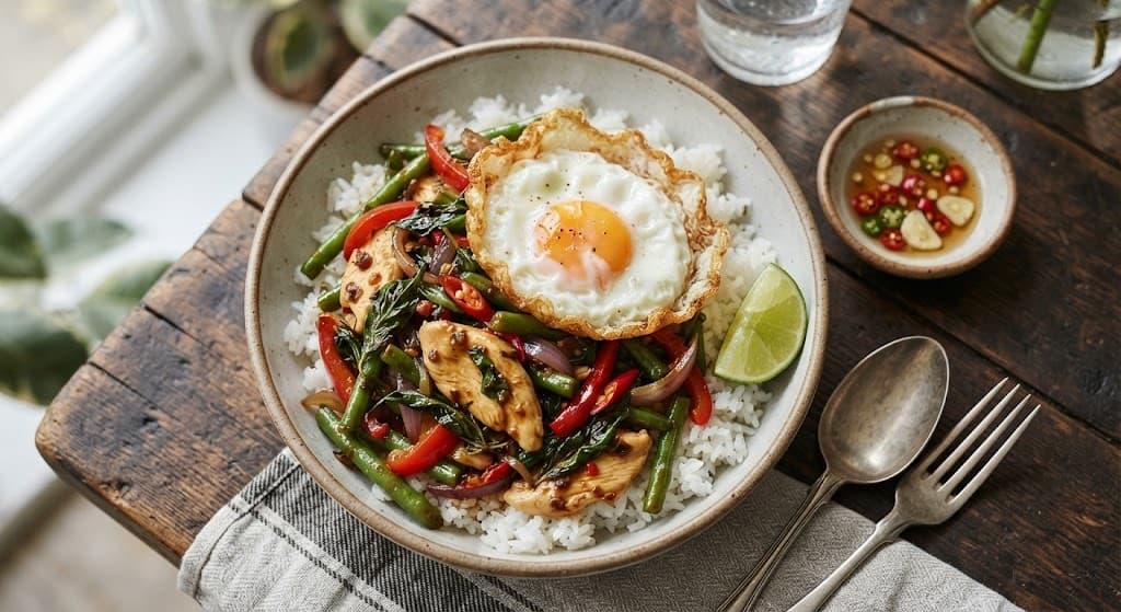Thai Basil Chicken Stir-Fry with Fried Egg
