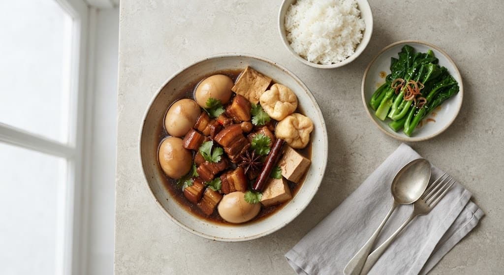 Soy Braised Pork Belly with Eggs and Tofu