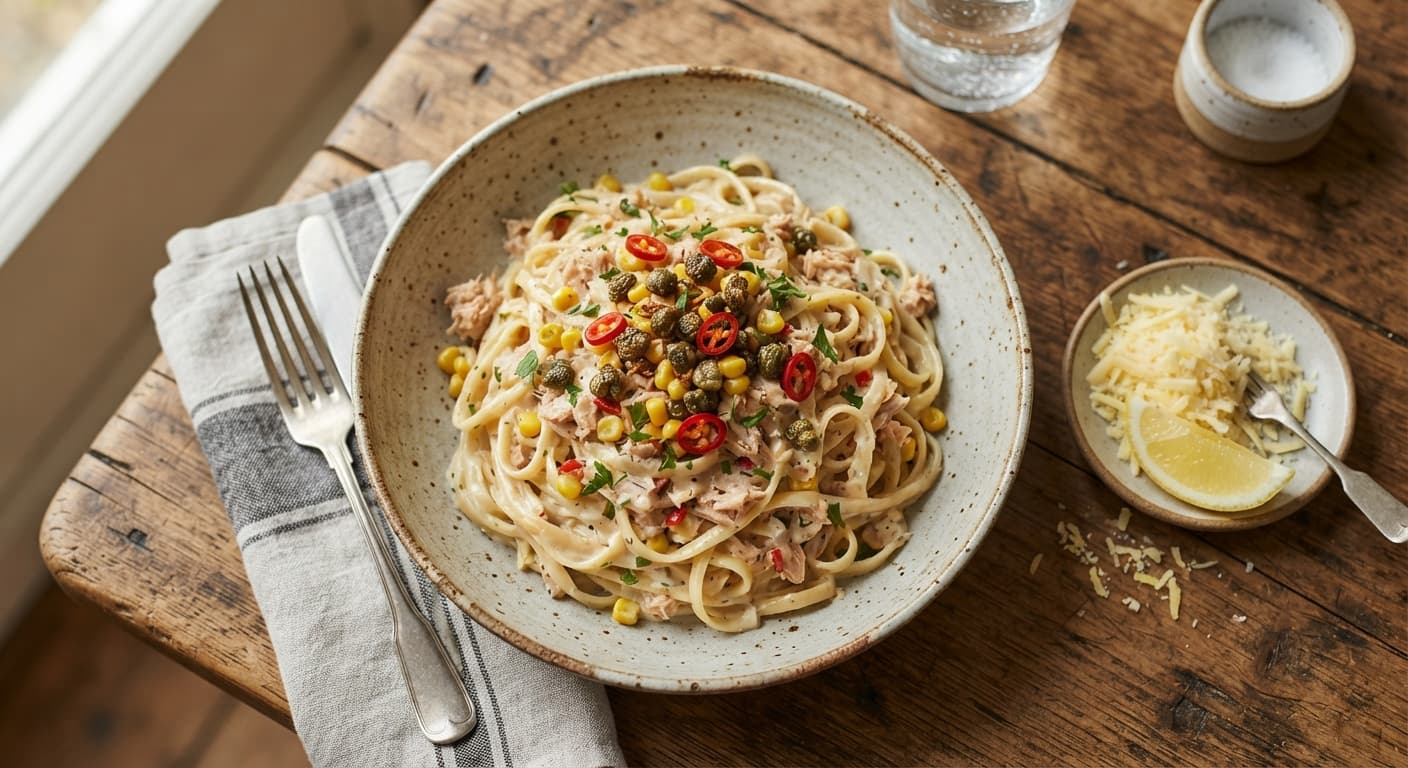 Tuna and Sweetcorn Linguine with Crispy Capers