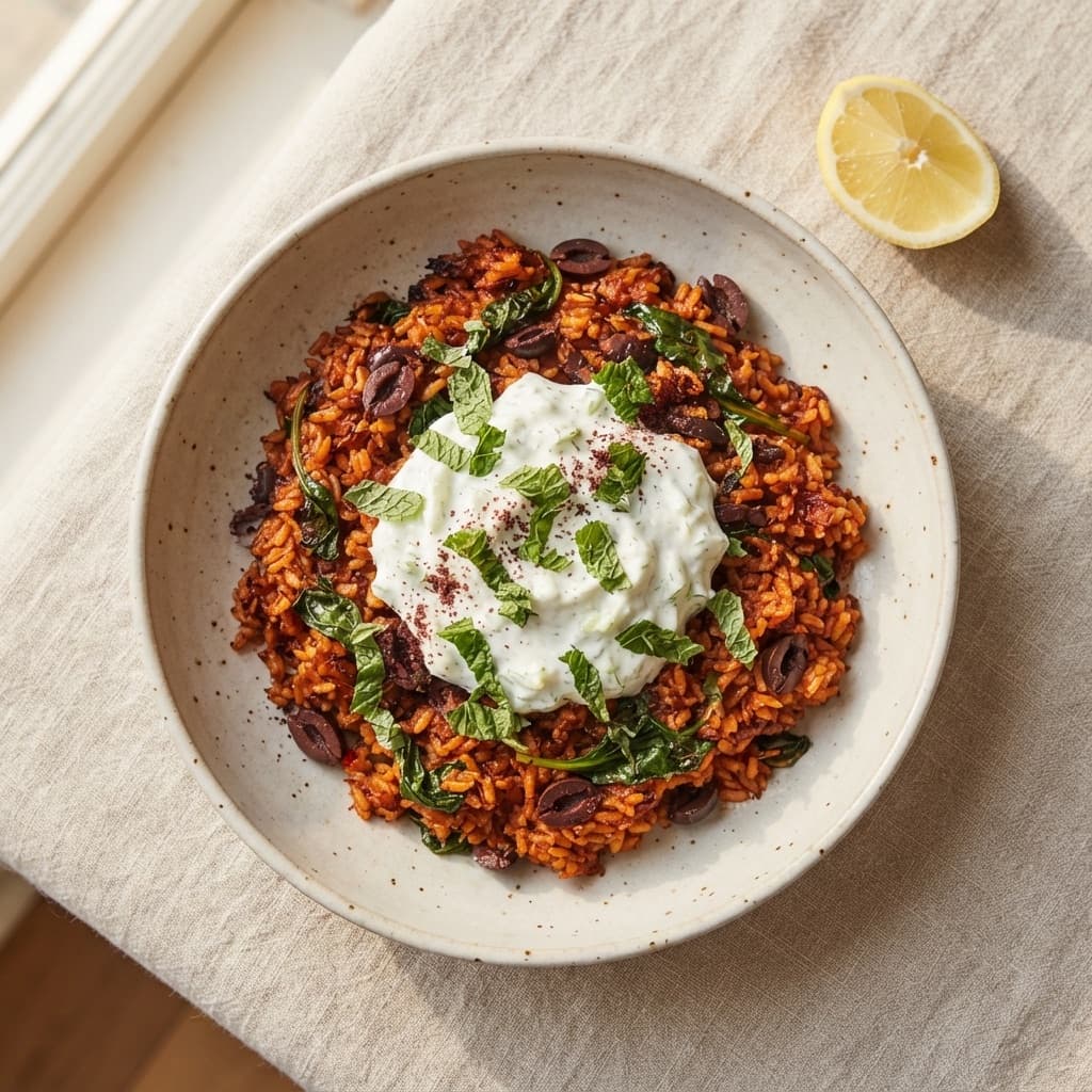Tomato & Olive Baked Rice With Tzatziki