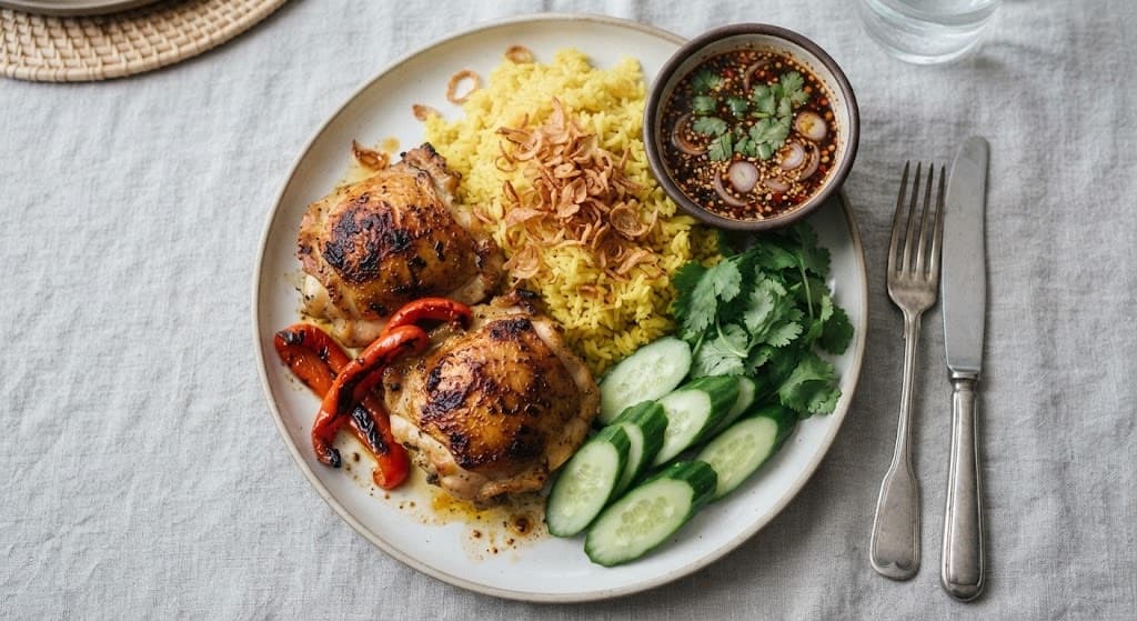 Thai Roast Chicken Thighs with Turmeric Coconut Rice and Nam Jim Jaew