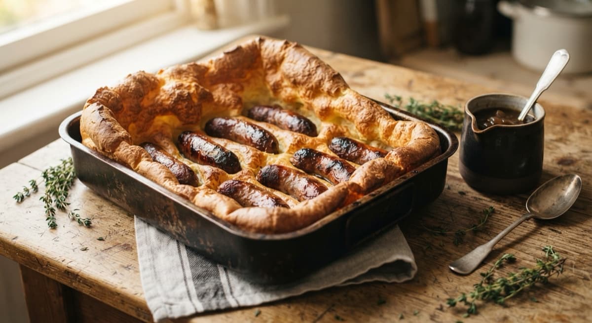 Sausages in Thyme Batter with Slow Onion Gravy