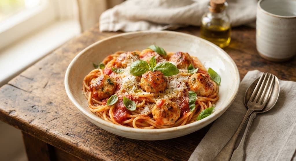 Tomato-Braised Chicken Meatballs & Spaghetti