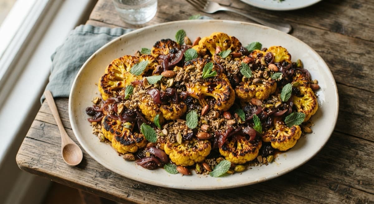 Turmeric Roasted Cauliflower with Dukkah and Jammy Onions