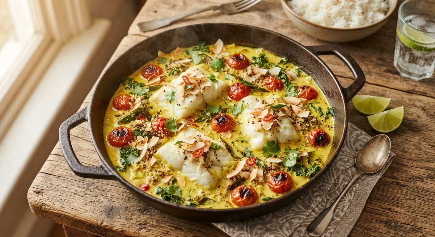 Turmeric Cod Curry with Crispy Coconut Quinoa