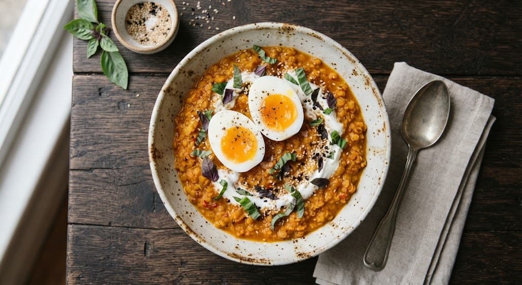 Thai Red Curry Lentils with Soft-Boiled Eggs and Sesame