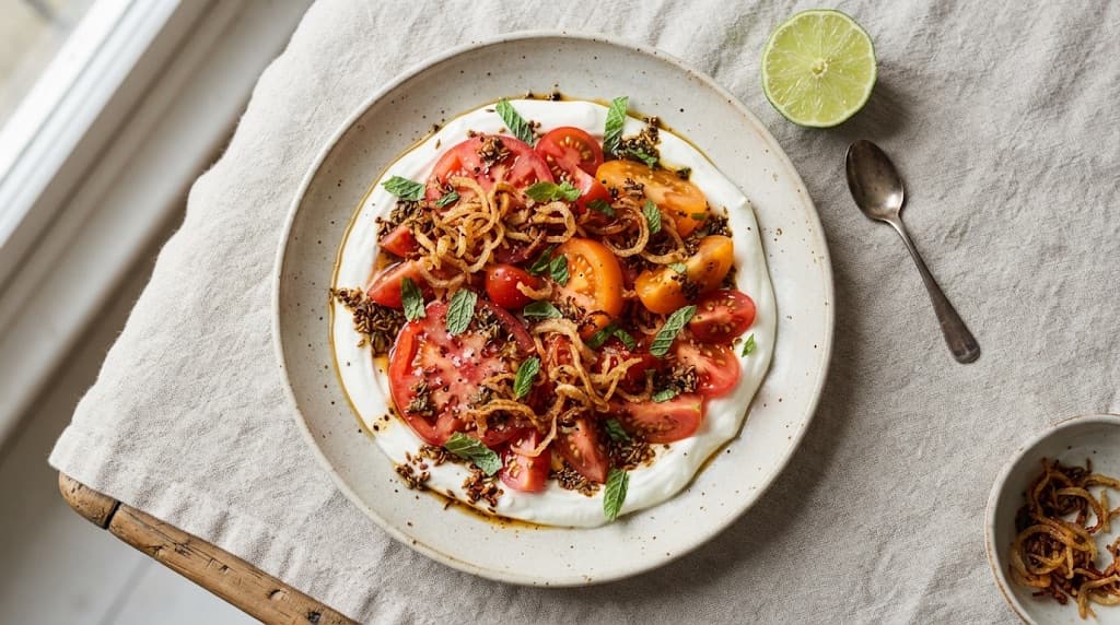 Spiced Tomato Salad with Crispy Bhaji Onions