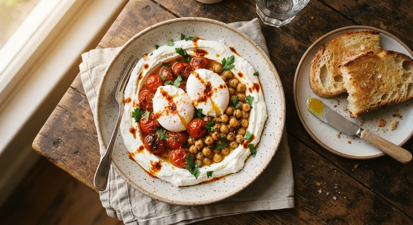 Turkish Eggs with Confit Chickpeas and Tomatoes