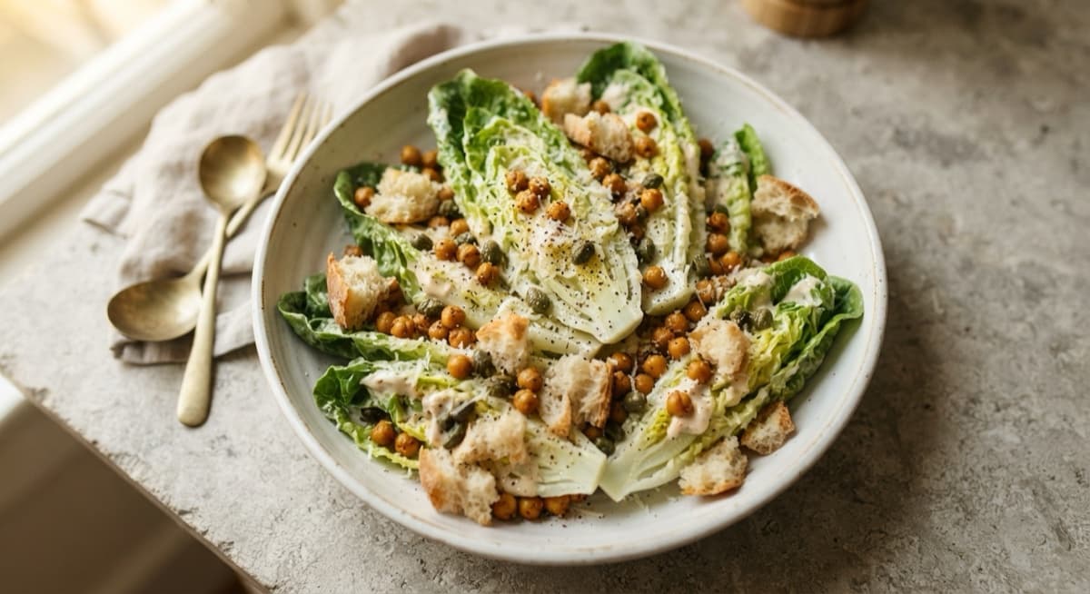 Little Gem Salad with Roasted Garlic Aquafaba Dressing