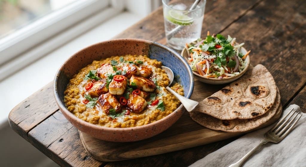 Thai Red Curry Lentils with Sweet Chilli Halloumi