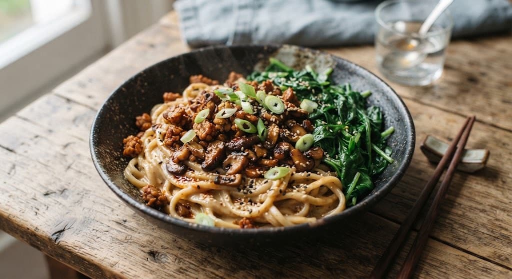 Crispy Tempeh Noodles with Tahini Sauce