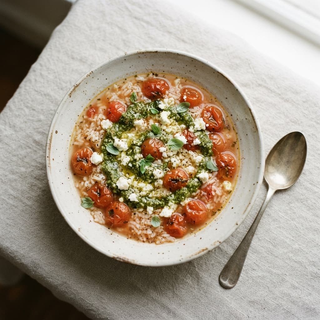 Brothy Tomato Rice with Pesto & Feta
