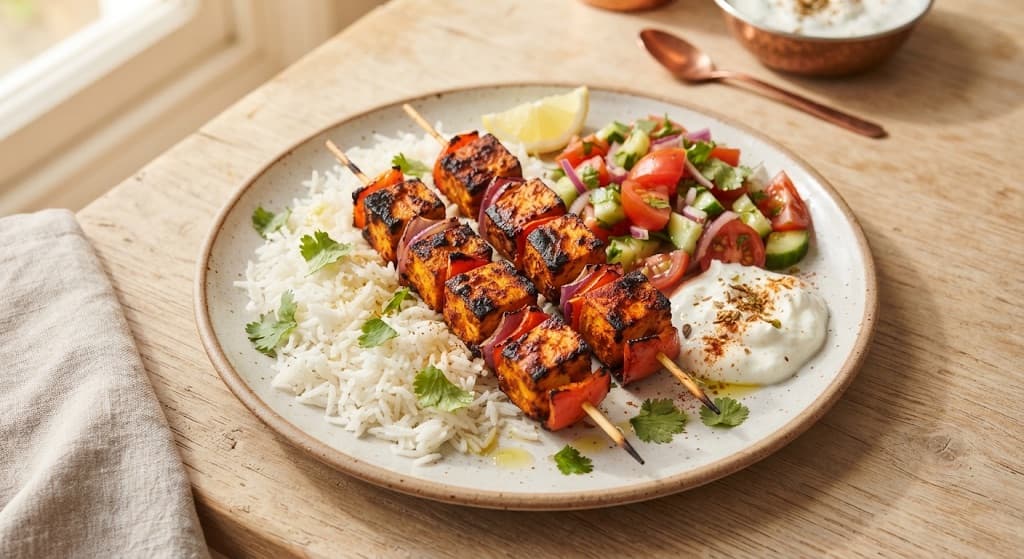Tikka Tofu Skewers with Rice & Chopped Salad