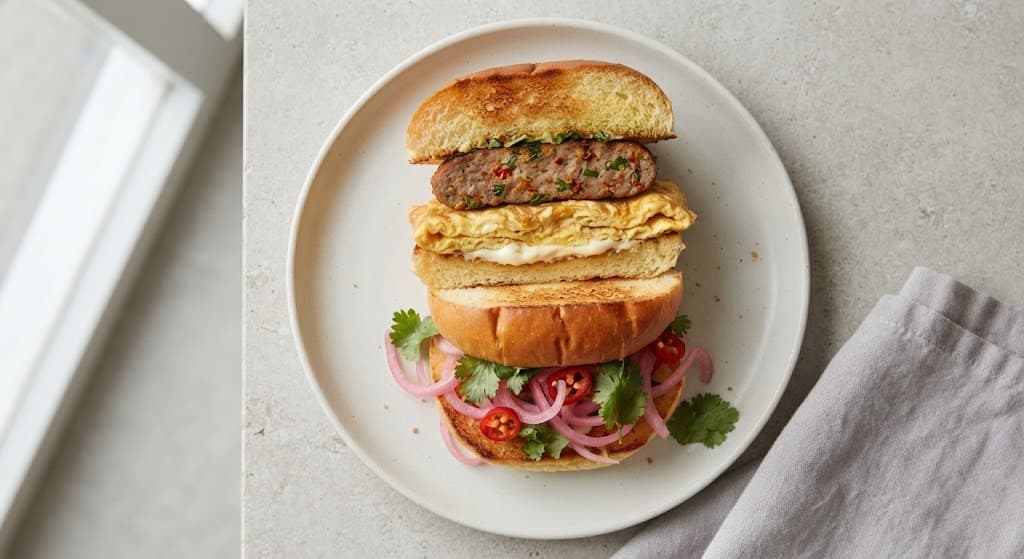 Thai-Spiced Sausage and Omelette Brioche Bun