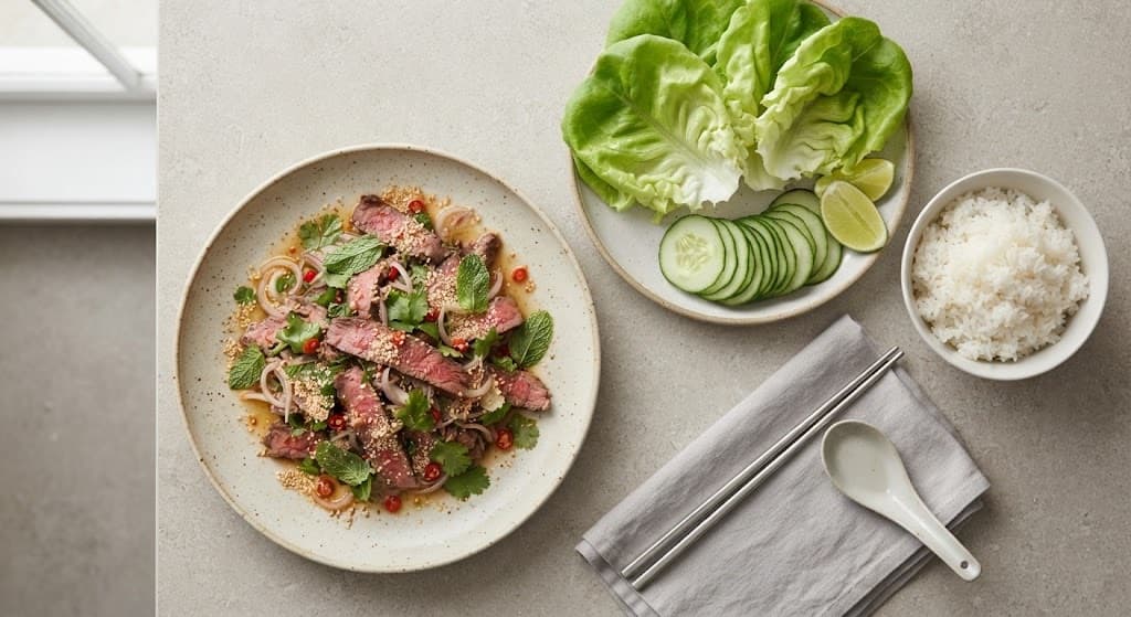 Seared Steak Salad with Toasted Rice and Lettuce Cups