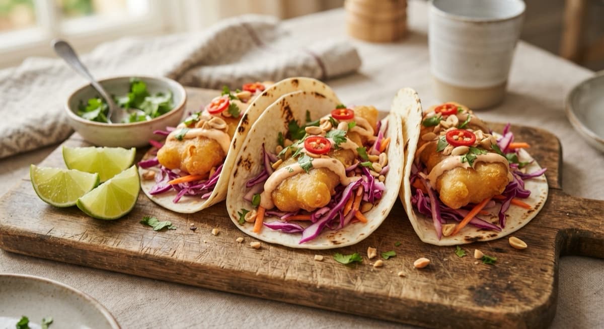 Crispy Battered Palm Heart Tacos with Lime Slaw