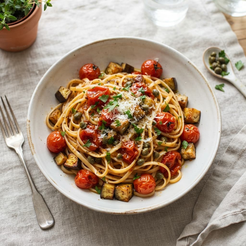 Slow-Roasted Tomato & Aubergine Linguine