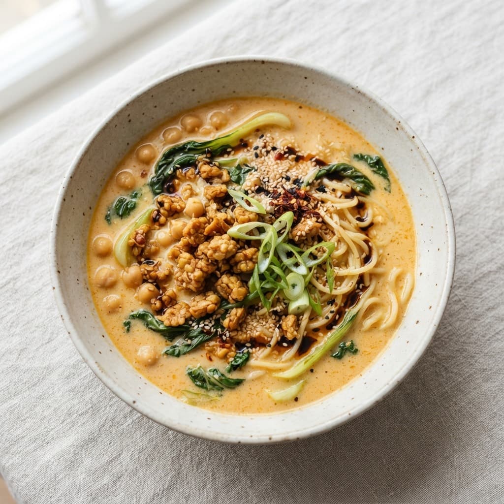 Tofu, Chickpea & Tempeh Spicy Noodle Soup
