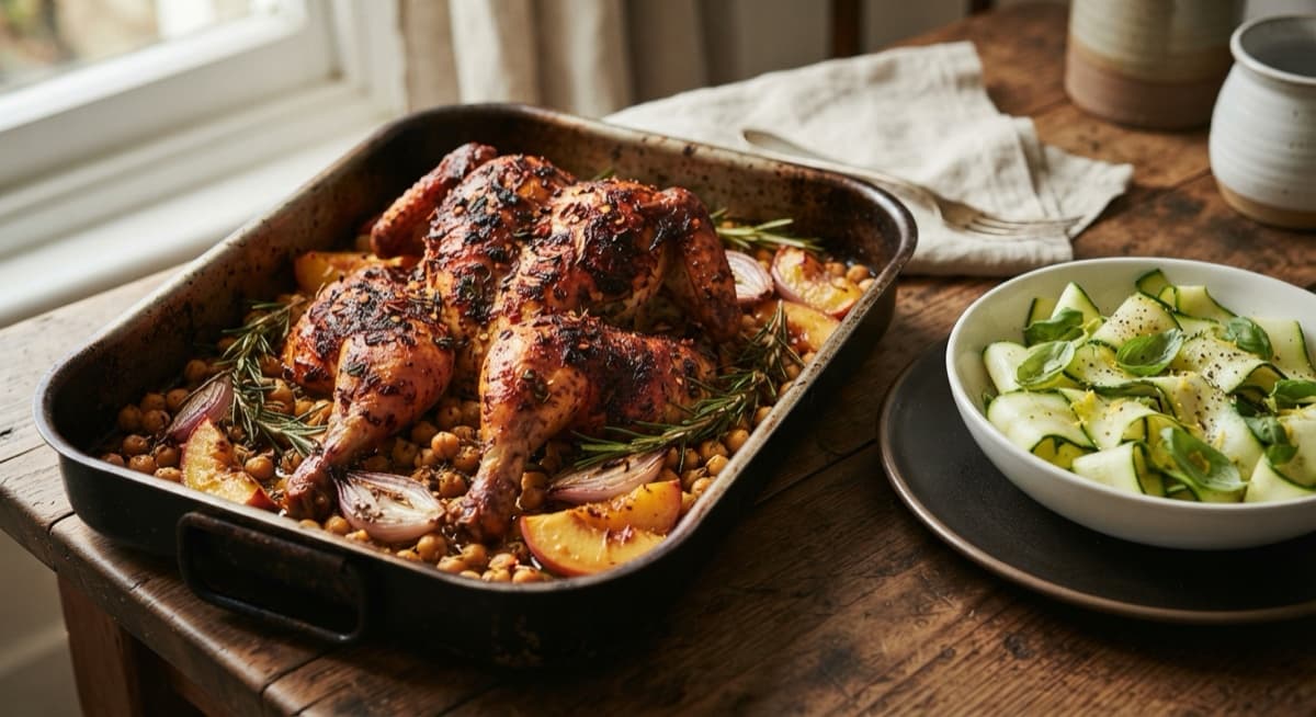 Chilli-Rubbed Roast Chicken with Peach and Chickpea Salad