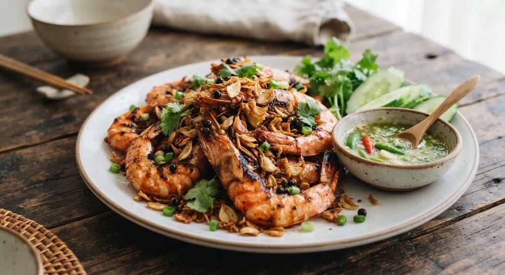 Thai Garlic Prawns with Nam Jim Seafood Sauce