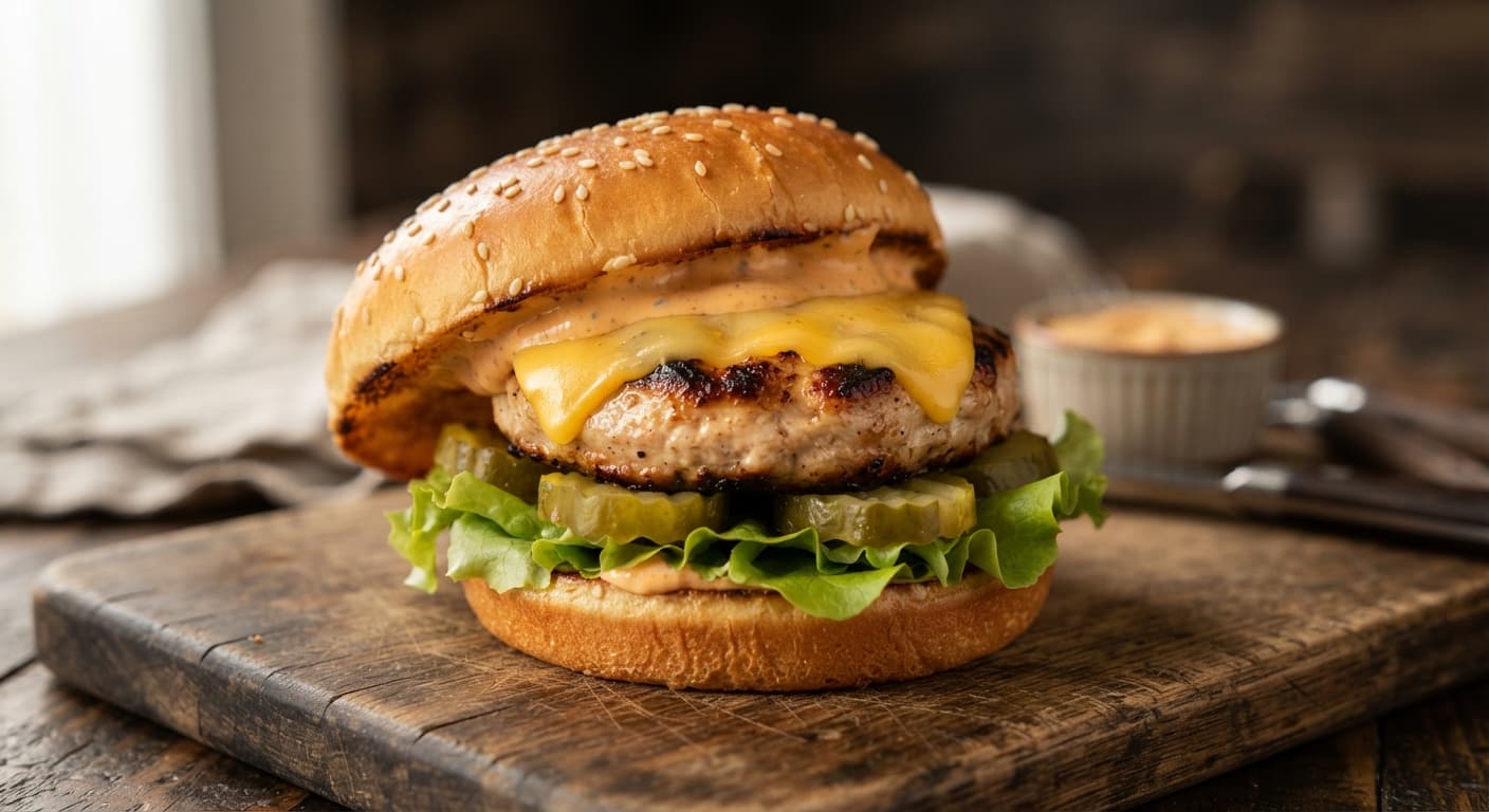 Juicy Turkey Burgers with Burger Sauce and Pickles