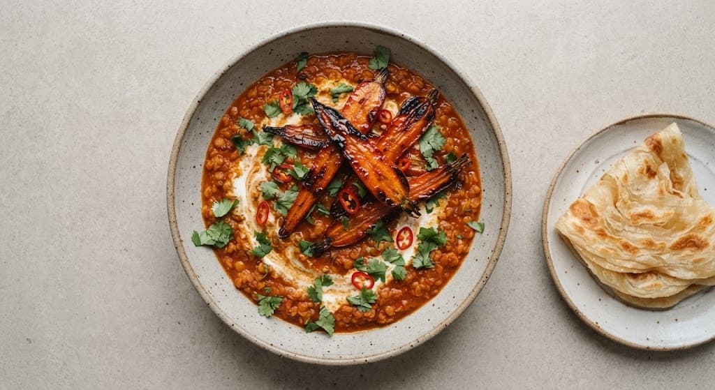 Thai Red Curry Lentils with Honey-Roasted Carrots and Paratha