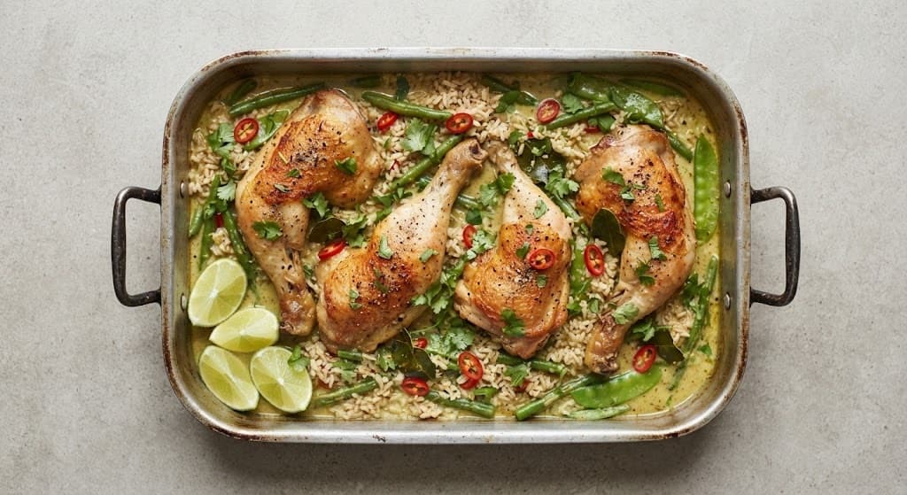 Roasting-Tin Green Curry with Crisp Chicken Legs and Brown Rice