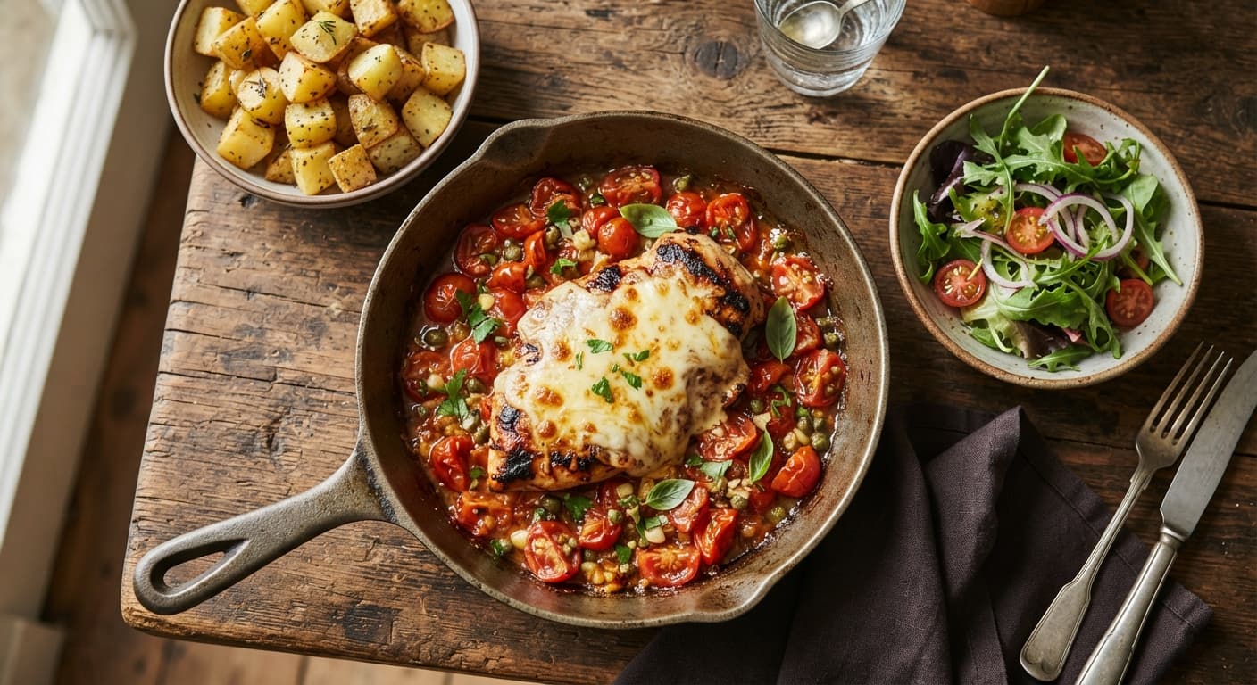 Mozzarella-Topped Turkey Steaks with Tomato and Caper Sauce