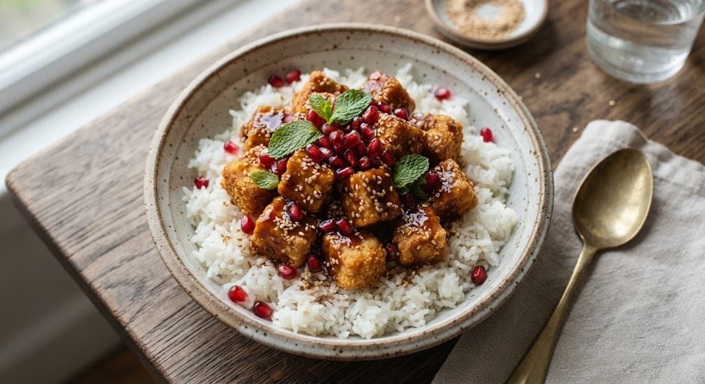 Teriyaki Tofu with Pomegranate and Mint